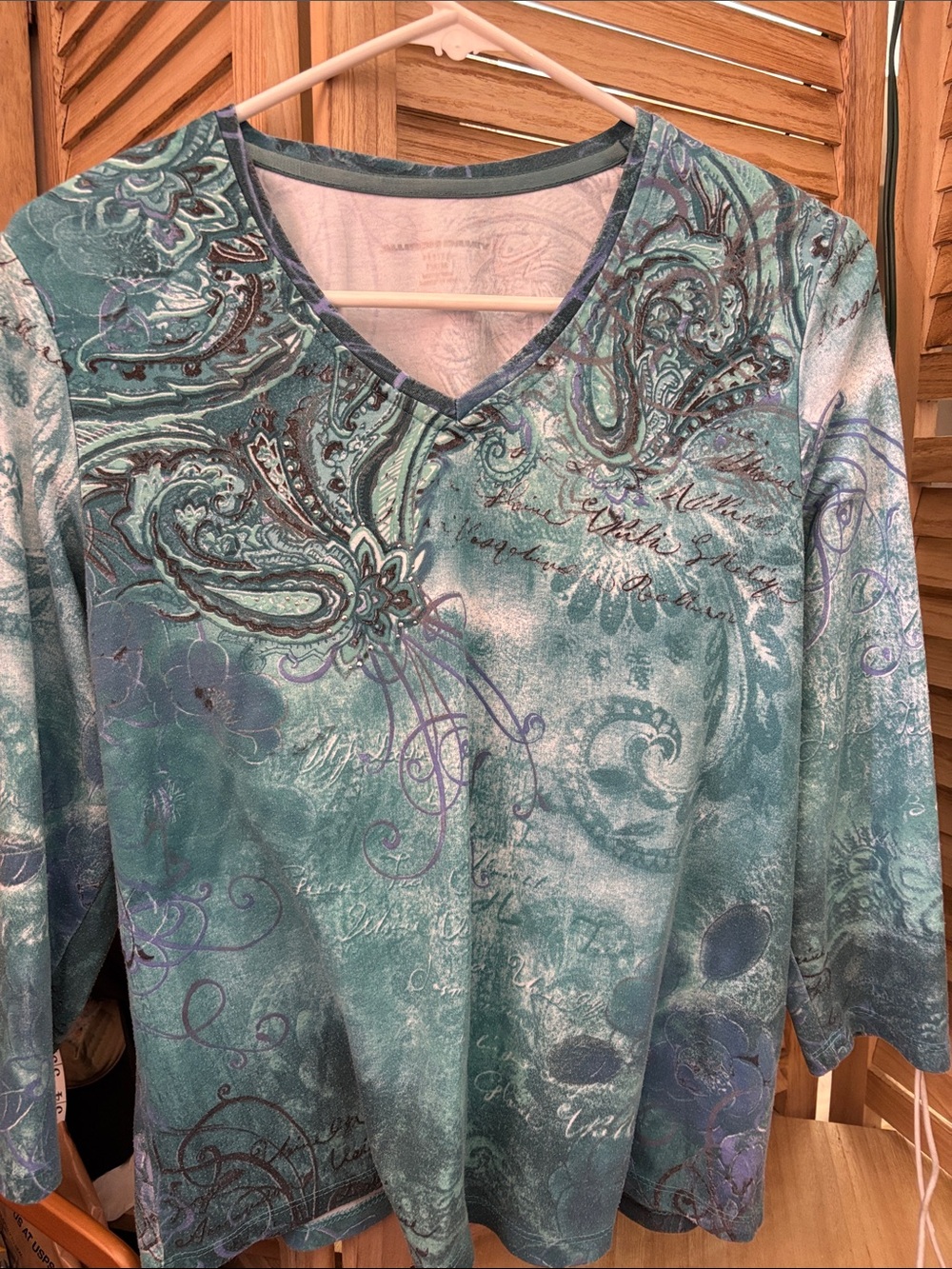 Allison Daley Teal Paisley V-Neck Top Petite Medium